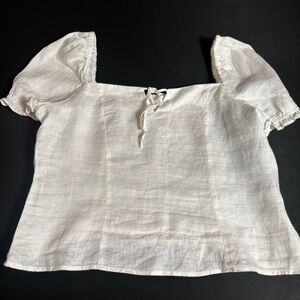 H&M White Linen Puff Sleeve Smocked Peasant Top Size L